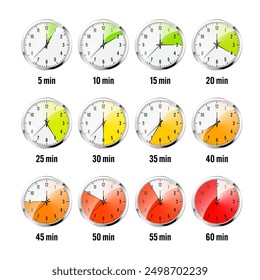 Wall clock, stopwatch icons. Shiny metal chronometer, time counter with dial. Colorful countdown timer showing minutes and seconds. Time measurement for sport, start and finish. Vector illustration