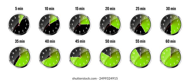 Wall clock, stopwatch icons. Shiny metal chronometer, time counter with dial. Green countdown timer showing minutes and seconds. Time measurement for sport, start and finish. Vector illustration