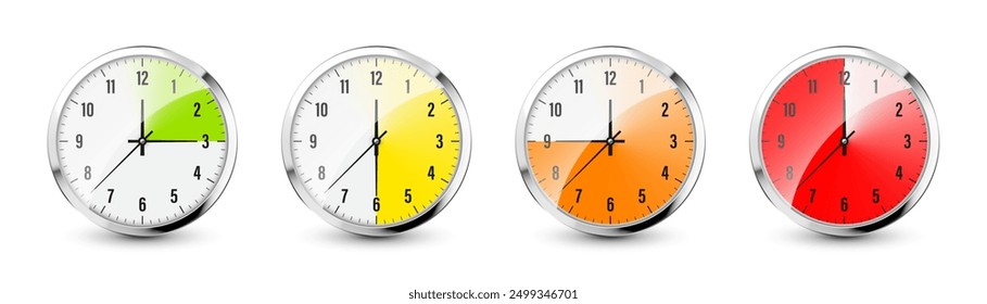 Wall clock, stopwatch icons. Shiny metal chronometer, time counter with dial. Colorful countdown timer showing minutes and seconds. Time measurement for sport, start and finish. Vector illustration