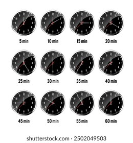 Wall clock, stopwatch icons. Shiny metal chronometer, time counter with dial. Countdown timer showing minutes and seconds. Time measurement for sport, start and finish. Vector illustration
