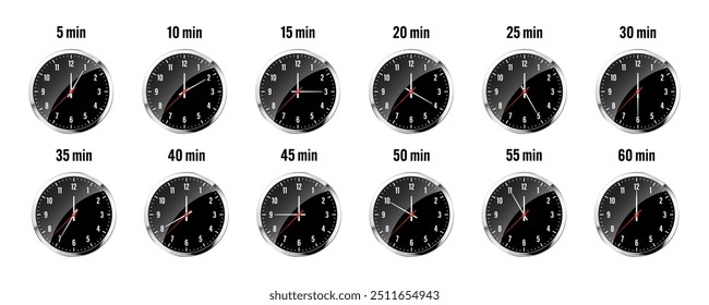 Wall clock, stopwatch icons. Shiny metal chronometer, time counter with dial. Countdown timer showing minutes and seconds. Time measurement for sport, start and finish. Vector illustration