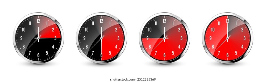 Wanduhr, Stoppuhr-Symbole. Chronometer aus glänzendem Metall, Zeitzähler mit Zifferblatt. Roter Countdown-Timer mit Minuten und Sekunden. Zeitmessung für Sport, Start und Ziel. Vektorgrafik