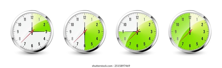 Wall clock, stopwatch icons. Shiny metal chronometer, time counter with dial. Green countdown timer showing minutes and seconds. Time measurement for sport, start and finish. Vector illustration