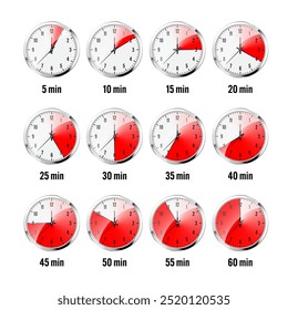 Wall clock, stopwatch icons. Shiny metal chronometer, time counter with dial. Red countdown timer showing minutes and seconds. Time measurement for sport, start and finish. Vector illustration