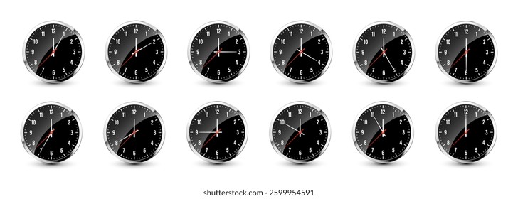 Wall clock, stopwatch icons. Shiny metal chronometer, time counter with dial. Countdown timer showing minutes and seconds. Time measurement for sport, start and finish. Vector illustration