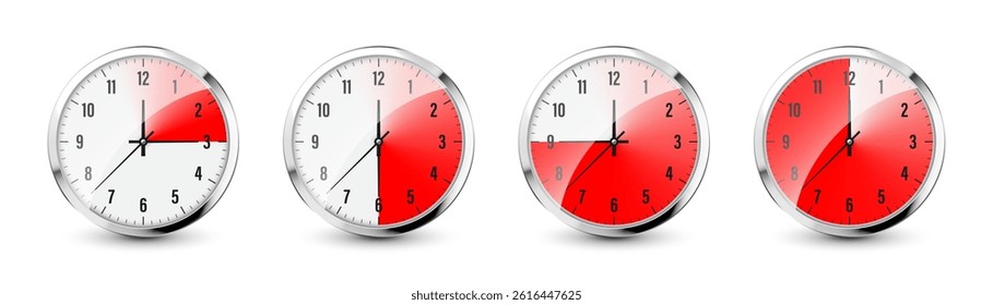 Wall clock, stopwatch icons. Shiny metal chronometer, time counter with dial. Red countdown timer showing minutes and seconds. Time measurement for sport, start and finish. Vector illustration