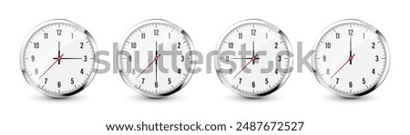 Wall clock, stopwatch icons. Shiny metal chronometer, time counter with dial. Countdown timer showing minutes and seconds. Time measurement for sport, start and finish. Vector illustration