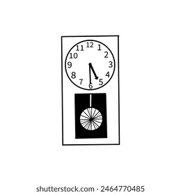 Wall clock with strike and pendulum, with dial. Vector illustration. Clock drawn in vector in black, black outline on a white background. For design, creating 3D visualizations, printing, scrapbooking