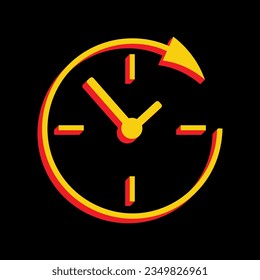 Wall clock. Support. 3D Extruded Yellow Icon with Red Sides a Black background. Illustration.