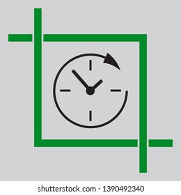 Wall clock. Support. Black icon inside green crop tool at light gray background