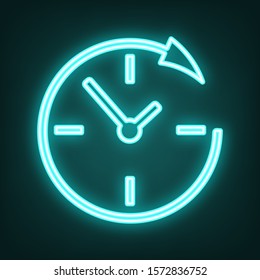 Wall clock. Support. Cyan neon icon in the dark. Bluring. Luminescence. Illustration.