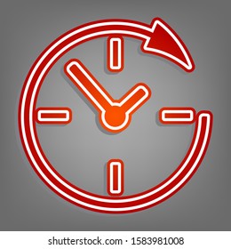 Wall clock. Support. Flat red icon with linear white icon with gray shadow at grayish background. Illustration.