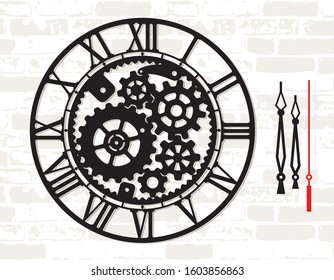 Wall clock template with mechanical moving gear skeleton. Digital cut home decor. Laser metal wood cutting. Steampunk stencil. Simple clock face with numerals and arrow. Vector watch. Silhouette dial 