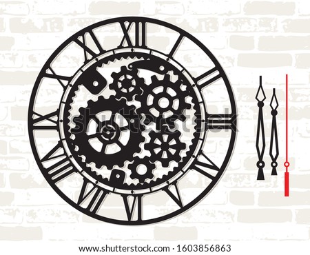 Wall clock template with mechanical moving gear skeleton. Digital cut home decor. Laser metal wood cutting. Steampunk stencil. Simple clock face with numerals and arrow. Vector watch. Silhouette dial 