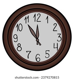 Reloj de pared. La hora es cinco minutos antes del nuevo año. Ilustración del vector de color. Relevante, reloj mecánico con las manos. Números árabes en un mecanismo marrón. Estilo de caricatura. Fondo aislado. 