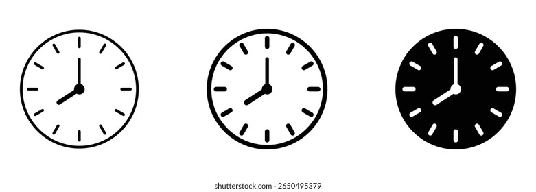 Relógio de parede relógio redondo hora analógica minuto mãos moderno contorno silhueta ícone vetor ilustração definido em estilo de design plano.