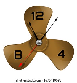 Wall-Uhr. Ungewöhnliche Uhren. Propeller. Luftventilatorschaufel, Gerätegebläse-Konzept. Turbine oder Fan.Vektorillustration Illustration einzeln auf weißem Hintergrund.