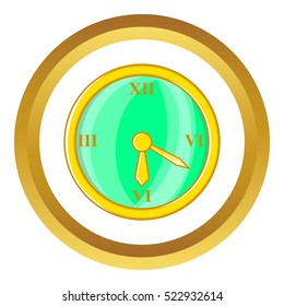 Wall clock vector icon in golden circle, cartoon style isolated on white background
