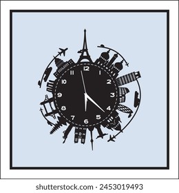 Wall clock vector tourism with sights, for lasercut, sticker