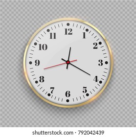 wall clock in white with a gold edging. Template design in large size. I'll take a look at the time. A beautiful and original timer on a transparent background. Vector illustration.