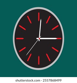 Wall clock with white needles and red number sign on black frame.
