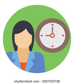 Wall clock, woman; flat icon personal time management
