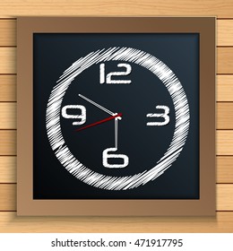 Wall clock written by color chalk on blackboard.Vector