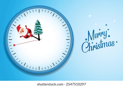 Eine Wanduhr mit Weihnachtsbaum und Weihnachtsmann, Vektorgrafik auf blauem Hintergrund. Konzept des fröhlichen Weihnachtsfestes.