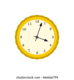 Wall clock with yellow rim icon in flat style on a white background