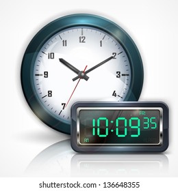 Wall clocks and electronic dial on white, vector illustration