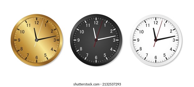 Wall clocks in golden black and white colors. Realistic clock vector set isolated on white background. Vector EPS 10