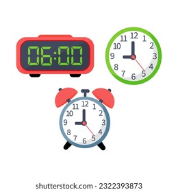 Wall clocks, interior objects, things for the home, a collection of clocks. A set of alarm clocks and a cartoon style clock isolated on a white background.