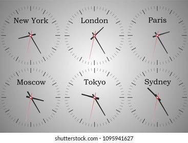 Wall clocks from the reception of the hotel showing the time of the world. Time of New York, London, Moscow, Sydney, Tokyo and Paris.