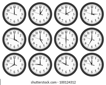 Los relojes de pared se fijan sobre fondo blanco.