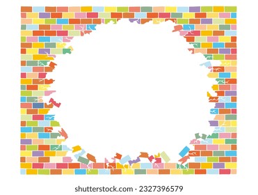 A wall of colored bricks with a hole in the middle and a place for text. Hand Drawn. Freehand drawing. Doodle. Sketch. Outline.