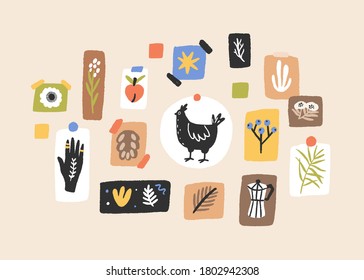 Wall with colorful cute images and posters vector flat illustration. Modern indoor decoration pictures with plants, chicken and ethnic symbol isolated. Abstract composition for house interior