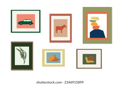 A wall with colorful cute pictures and posters. Modern paintings for decorating rooms. Vector illustration.