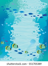 Wall of coral reef and school of butterfly-fish on a blue sea background. Seascape vector illustration. Underwater marine life.