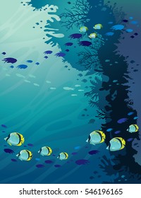 Wall of coral reef and school of fish on a blue sea background. Seascape vector illustration. Underwater marine life.