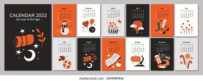 Wall corporate calendar 2022 template. Tiger year. 12 monthly pages and cover. Vector illustrations. Seasons feelings and emotions. Love flowers traveling food holidays hobbies. Week starts on Sunday