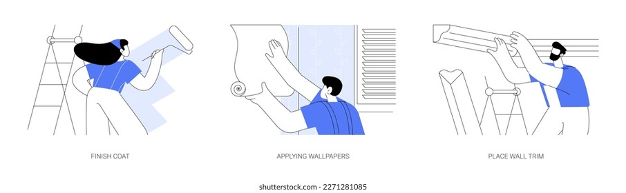 Wall coverings abstract concept vector illustration set. Finish coat, applying wallpapers with glue and brush, place wall trim, crown molding and corners, interior works abstract metaphor.