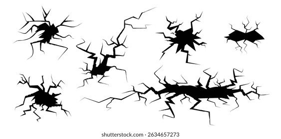 Wall crack icon set. Hole in floor, broken glass symbol collection, break effect design, cracked wall vector illustration