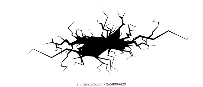 Conjunto de ícone de rachadura de parede. Furo no chão, coleção de símbolos de vidro quebrado, design de efeito de quebra, ilustração de vetor de parede rachada