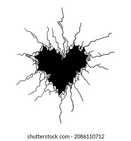 
wall crack image, cracked ground form of a heart,illustration bw,broken, love is cracked, vector clipart svg