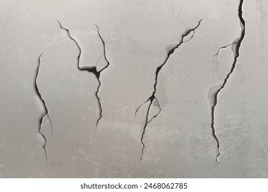 Wall crack texture. Broken ground effect vector. Earthquake on cement floor isolated realistic 3d. Black fracture line or drought land erosion illustration. Old asphalt scratch graphic design