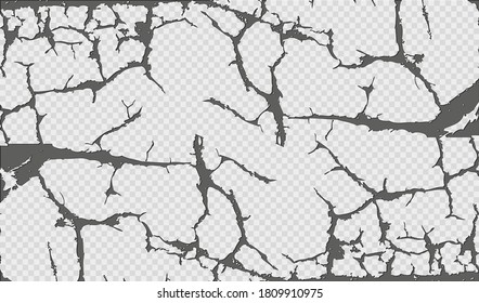 Wall cracks abstract pattern on transparent background. Vintage vector illustration