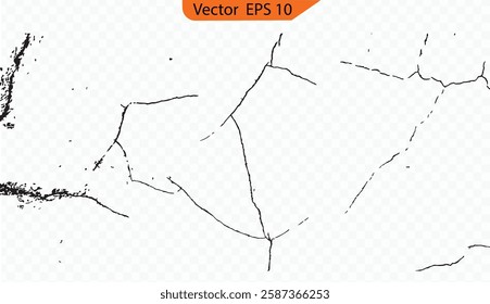 Wall cracks. Broken glass, bullet design element. Fracture surface ground, cleft broken collapse illustration. Cracked ground, ground distress texture, damage texture. 