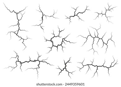 Wall cracks with broken texture. Ground earthquake effect. Hole lines on earth and ice isolated on white background. Rock destruction scratch. Vector set.