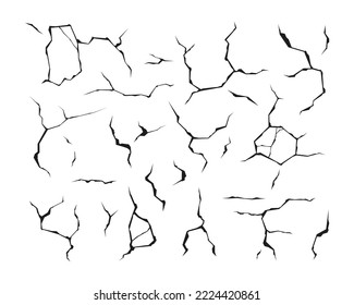 Wall cracks. Earthquake ground split, destruction damage smash crushed landscape surface texture isolated on transparent background. Vector set of destruction surface earthquake