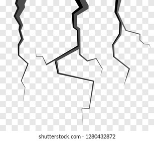 Wall cracks isolated on transparent background. Fracture surface ground